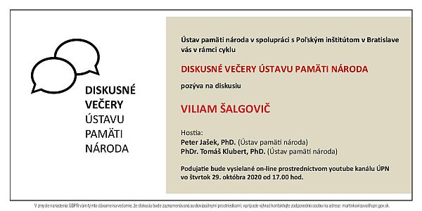obrázok pozvánky na Diskusný večer - Viliam Šalgovič 2020-10-29