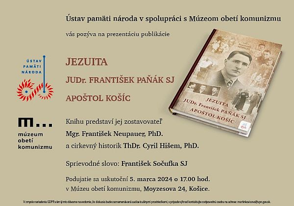 Obrázok: Pozvánka na prezentáciu publikácie Jezuita JUDr. František Paňák SJ. Apoštol Košíc, ktorá sa uskutoční v Košiciach