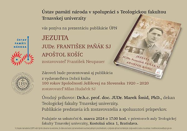 Obrázok: Pozvánka na prezentáciu publikácie Jezuita JUDr. František Paňák SJ. Apoštol Košíc, ktorá sa uskutoční v Bratislave