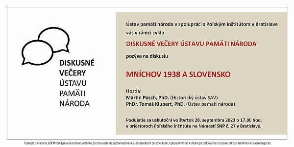 pozvánka na Diskusný večer Mníchov 1938 a Slovensko
