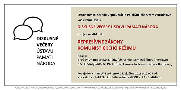 Obrázok: pozvánka na Diskusný večer Represívne zákony komunistického režimu