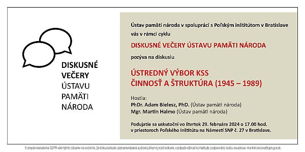 Obrázok: pozvánka na Diskusný večer Ústredný výbor KSS. Činnosť a štruktúra (1945 – 1989)