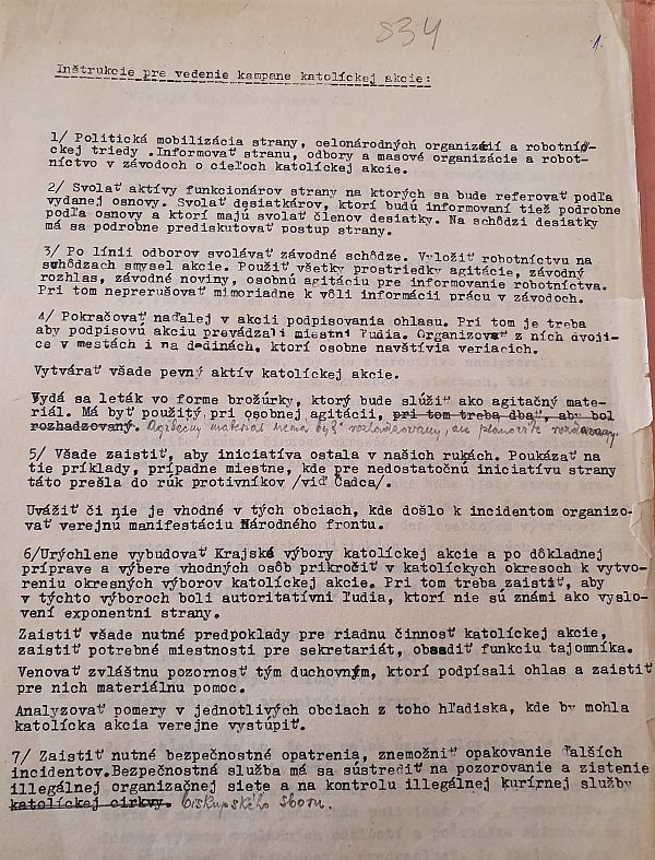 Foto: Inštrukcie pre vedenie kampane katolíckej akcie. Zdroj: SNA Bratislava 
