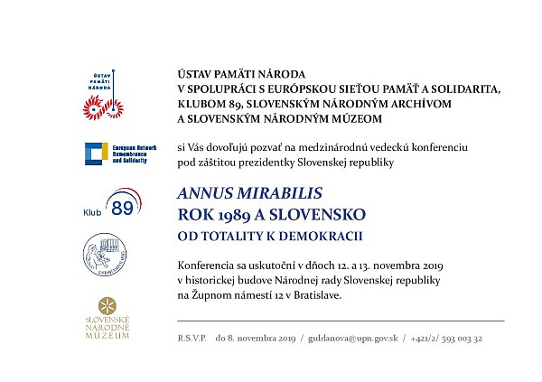Pozvánka na medzinárodnú vedeckú konferenciu ANNUS MIRABILIS ROK 1989 A SLOVENSKO