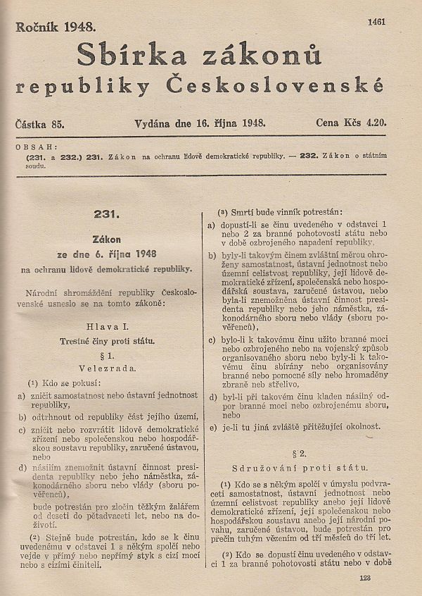 Obrázok titulnej strany Sbírky zákonů republiky Československé Ročník 1948 Částka 85. Zákon 231 a 232