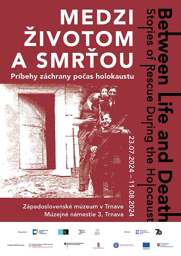 Plagát k prezentácii výstavy „Medzi životom a smrťou. Príbehy záchrany počas holokaustu" v Trnave