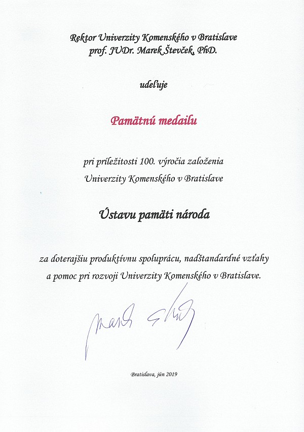 List k Pamätnej medaile pri príležitosti 100. výročia založenia UK v Bratislave pre ÚPN